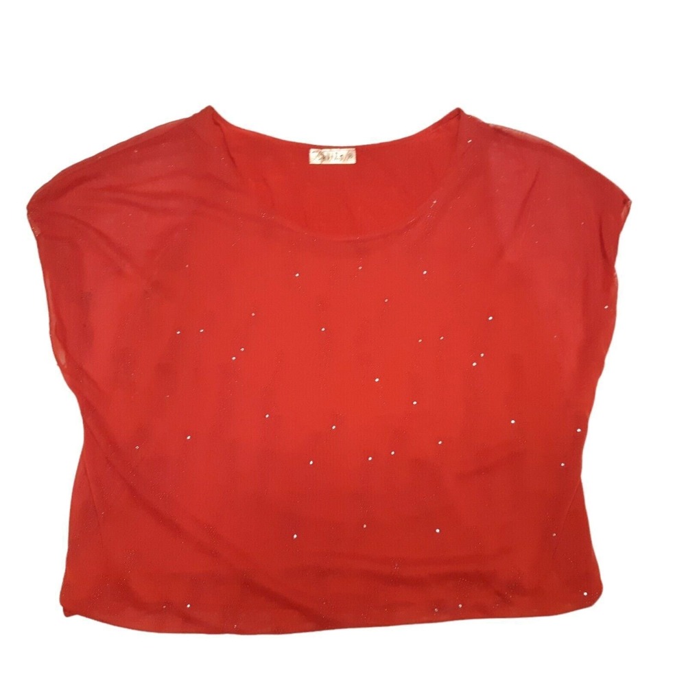 Lavish Blouse Womens Medium Red Semi Sheer Beaded Short Sleeve Sparkle Party Top